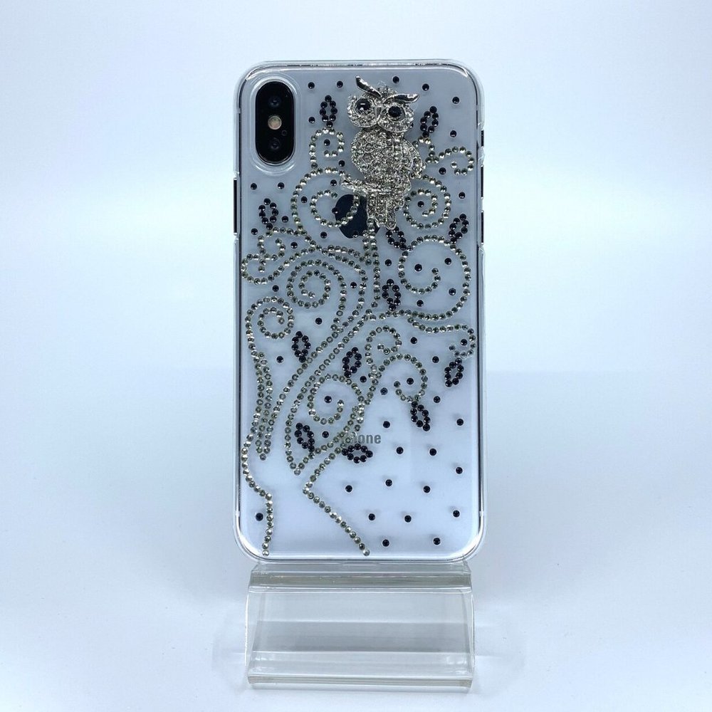 iPhone X case. PC material. Unique Handmade. Silver, black rhinestones